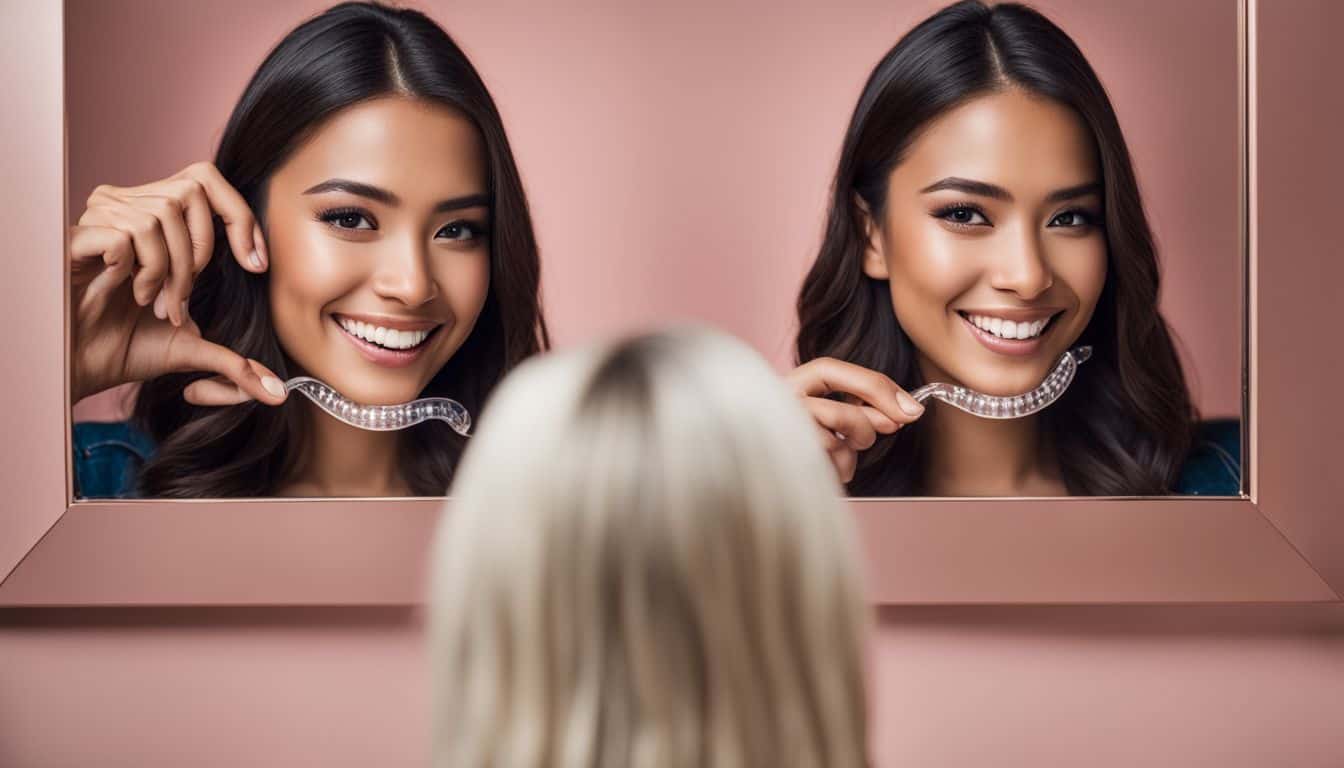 A person smiles in a mirror wearing Invisalign aligners.