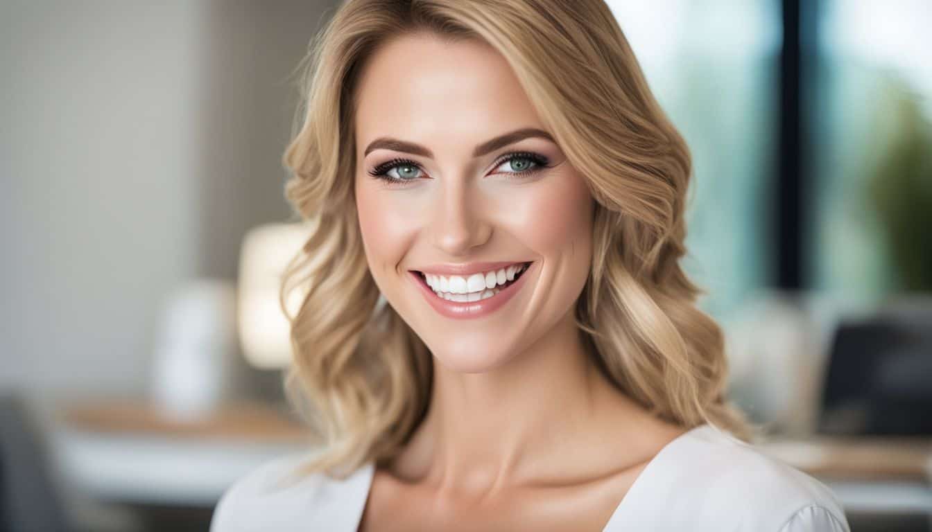 The photo features a person with porcelain veneers smiling confidently.