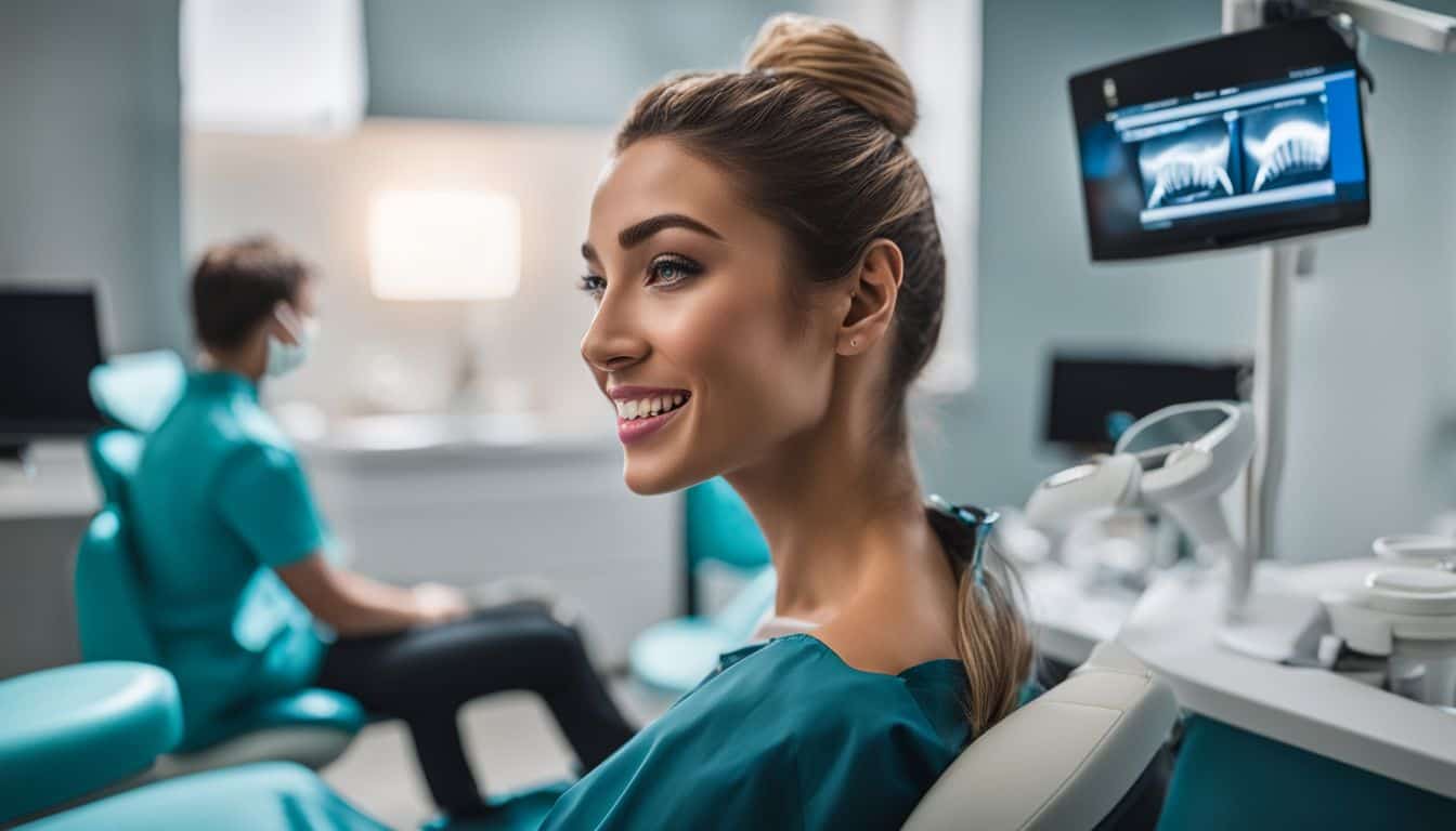 A person receiving Invisalign treatment in a dentist's chair.